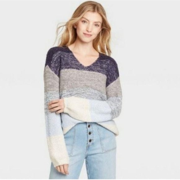 Knox Rose Women's Striped Sweater, Blue, Gray, Cream, Cozy Knit, Size Large - Picture 1 of 9